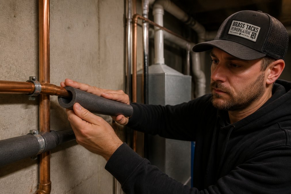 Close-up of a homeowner wrapping foam pipe insulation sleeve around copper pipes in a basement utility room, warm overhead lighting, concrete walls visible in background