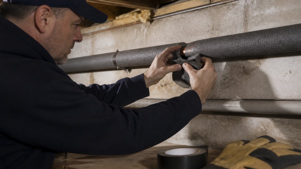 Close-up of a homeowner wrapping foam pipe insulation around an exposed copper water pipe in a dim basement, with a roll of insulation tape and work gloves on a nearby shelf