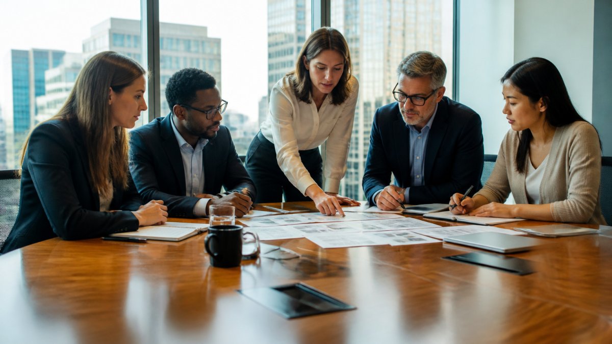 Cross-functional team of business and IT leaders in a modern conference room reviewing AI strategy documents and discussing alignment around a polished wooden table, natural light streaming through floor-to-ceiling windows