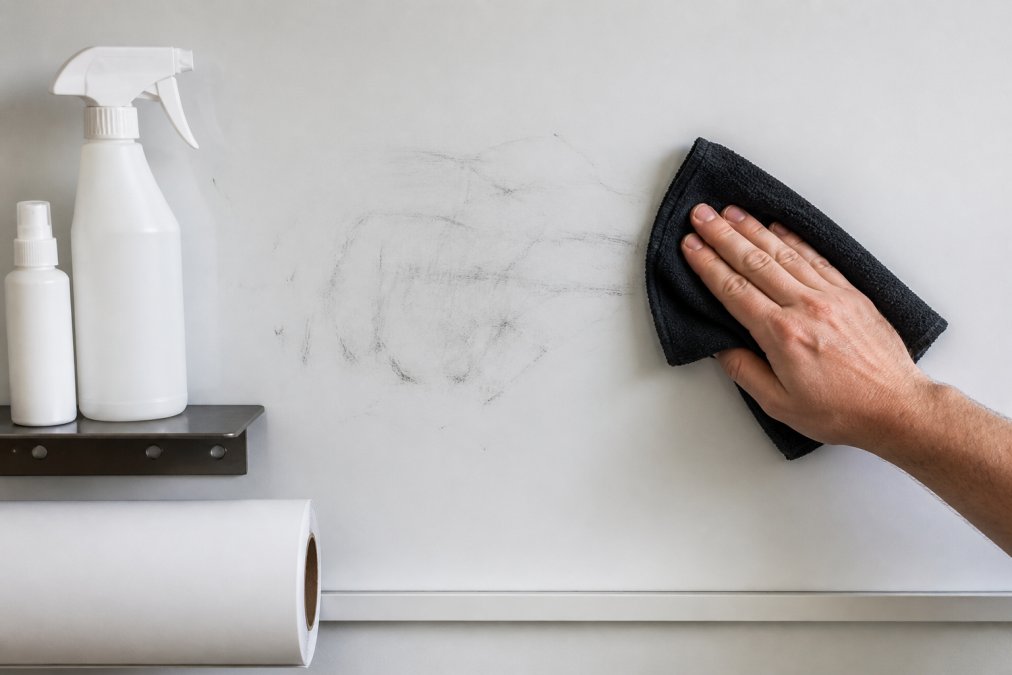 Close-up of a hand holding a black microfibre cloth wiping ghosting marks from a white magnetic wall surface, with a cleaning solution bottle and spray bottle visible on a shelf nearby