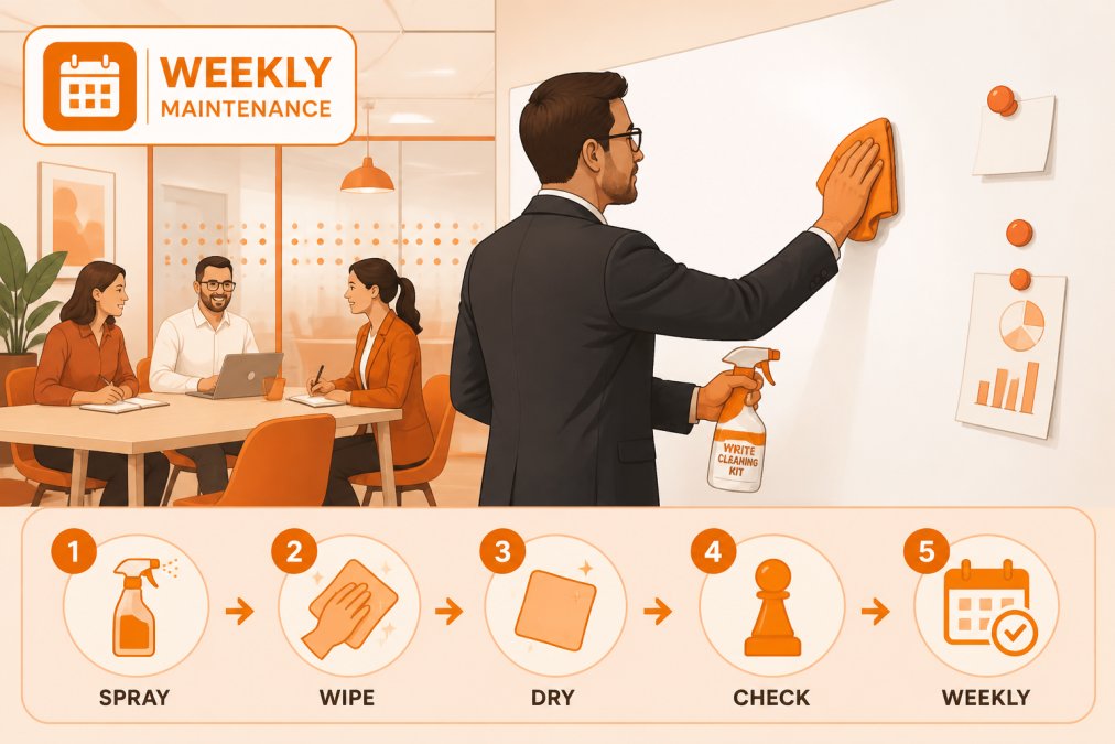 Facilities manager in professional attire performing weekly cleaning routine on a white magnetic wall in a modern corporate office, with colleagues collaborating at a table with notebooks in the softly-lit background