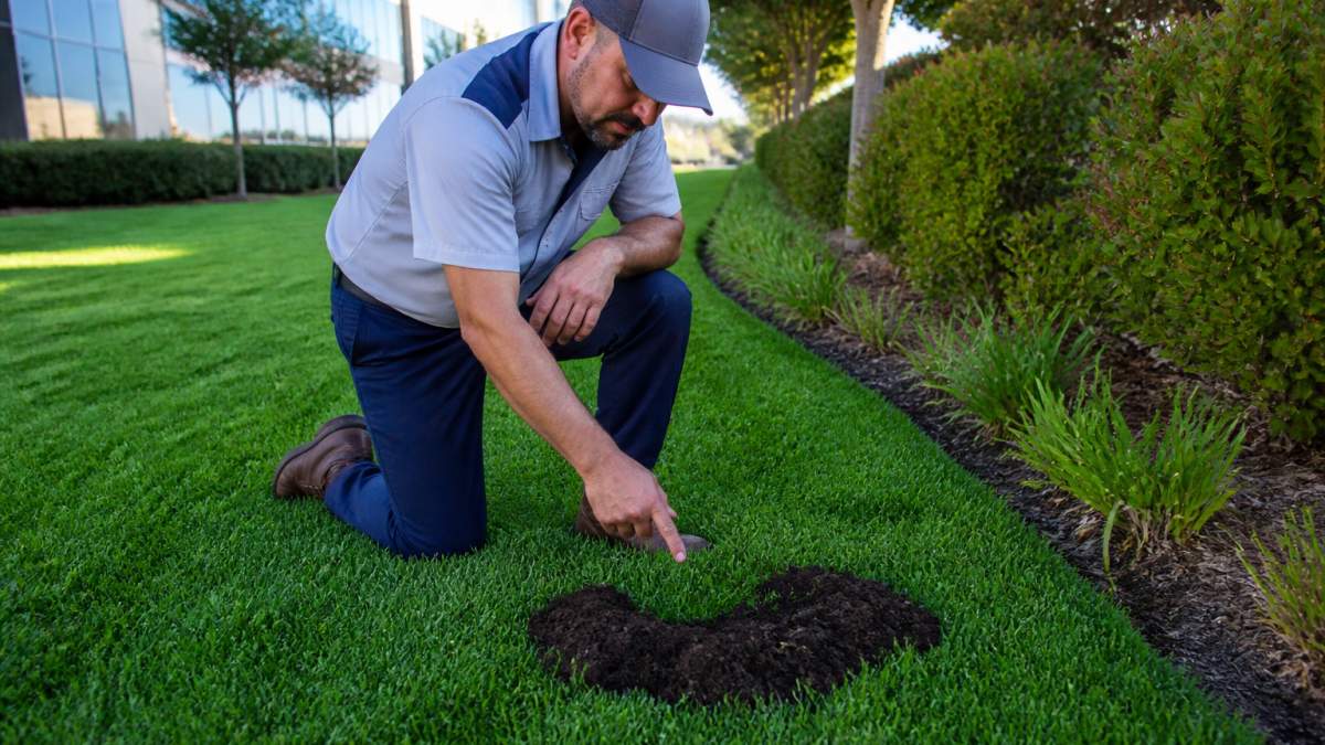 A groundskeeper in work clothes kneeling on commercial turf, pointing at a crescent-shaped gopher mound of fresh dark soil beside a manicured landscape bed