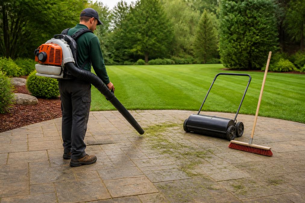 A homeowner using a backpack blower with a rubber-tipped nozzle to clear grass clippings off a paver patio, with a push sweeper and soft-bristle broom resting nearby and a freshly mowed lawn in the background
