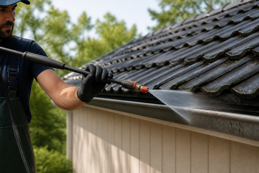 A professional cleaner's gloved hands adjusting the nozzle on a pressure washer lance, angled down toward a residential gutter, with the spray pattern visibly wide and the lance held at a clear distance from the metal surface