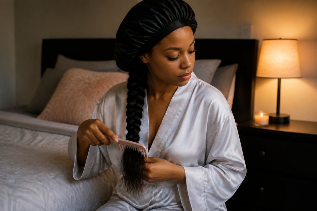 Woman in a silk bonnet detangling her long hair with a wide-tooth comb before bed