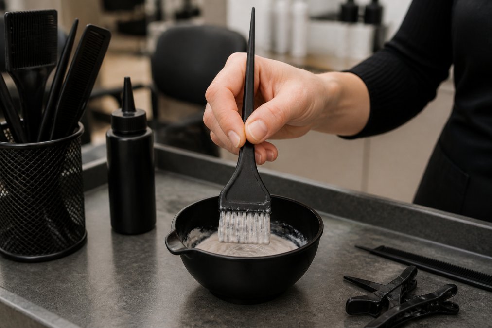 Close-up of a hand demonstrating proper pencil grip on a professional tint brush with correct finger positioning and neutral wrist alignment at a salon station