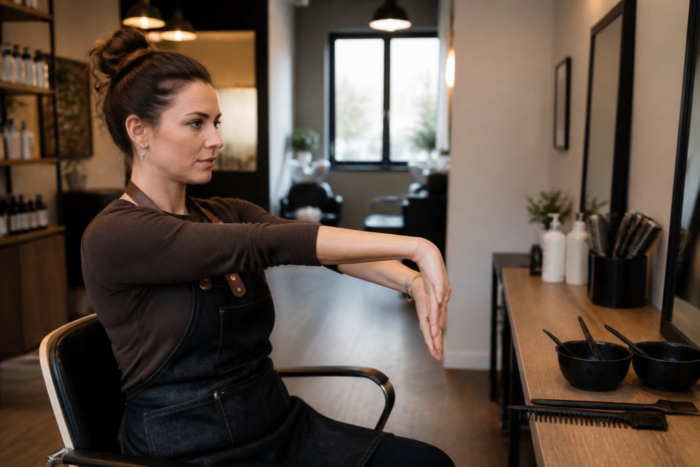 Professional colorist demonstrating a wrist and hand stretching exercise at a salon station, showing the stretch position clearly with proper form and neutral spine