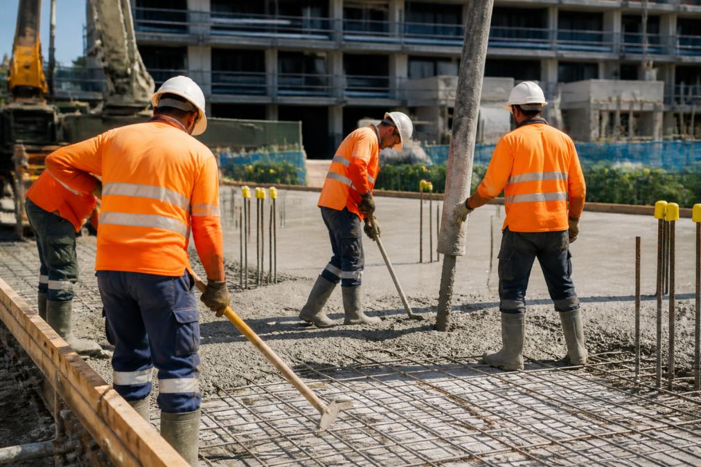 Construction team wearing high-visibility reflective workwear and heat-protective clothing on a hot job site, with workers in reflective vests and shirts in bright sunlight