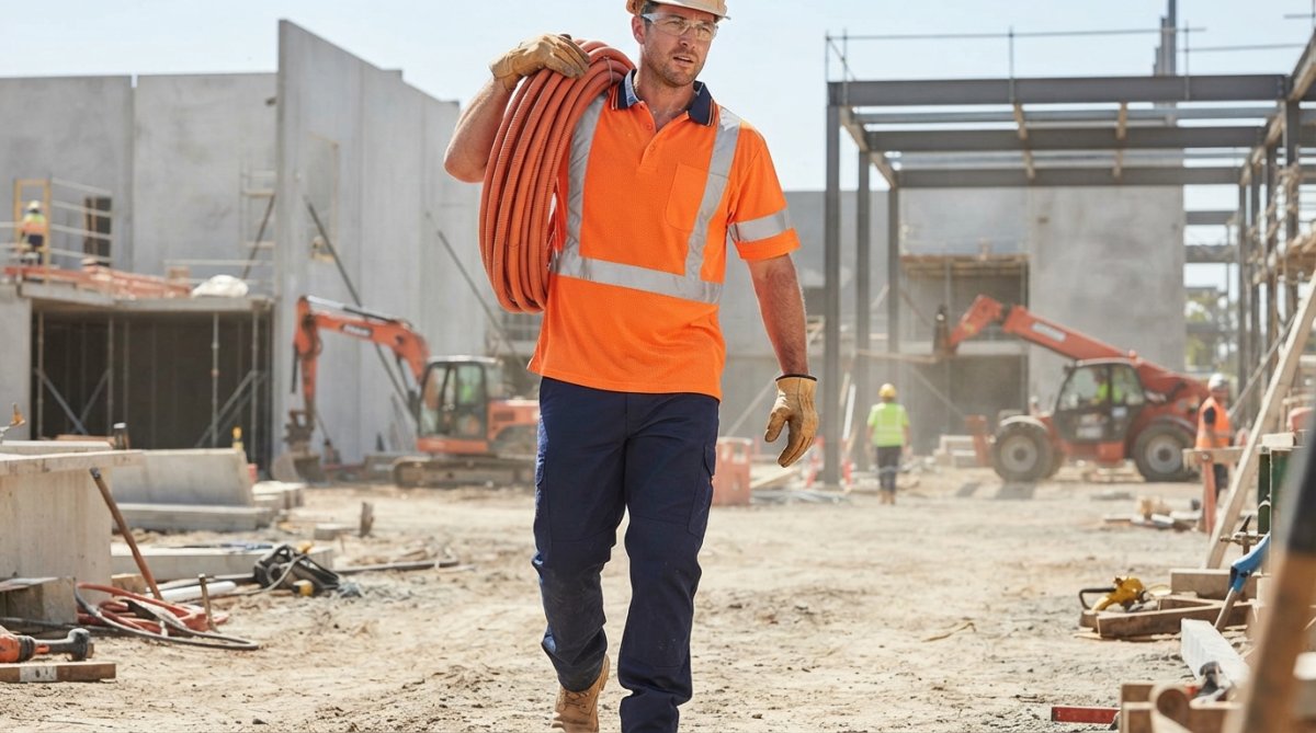 Construction worker wearing loose-fitting high-visibility yellow polyester polo shirt with reflective tape, demonstrating proper fit and breathable fabric on a sunny worksite with clear airflow around the garment