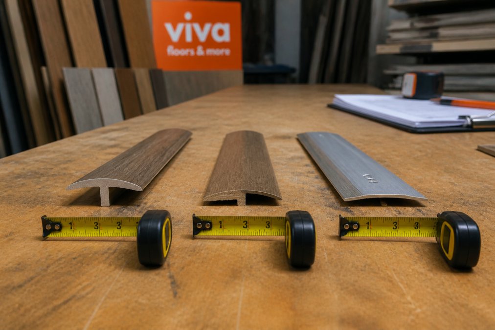 Diagram comparing T-molding, reducer, and threshold flooring transitions with measured dimensions on a workbench.