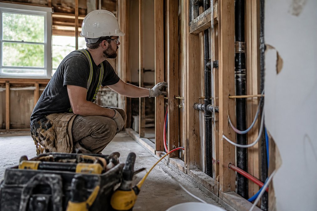 A contractor in safety gear examining exposed wall framing and plumbing rough-in inside a home under renovation, with tools and materials visible in the foreground