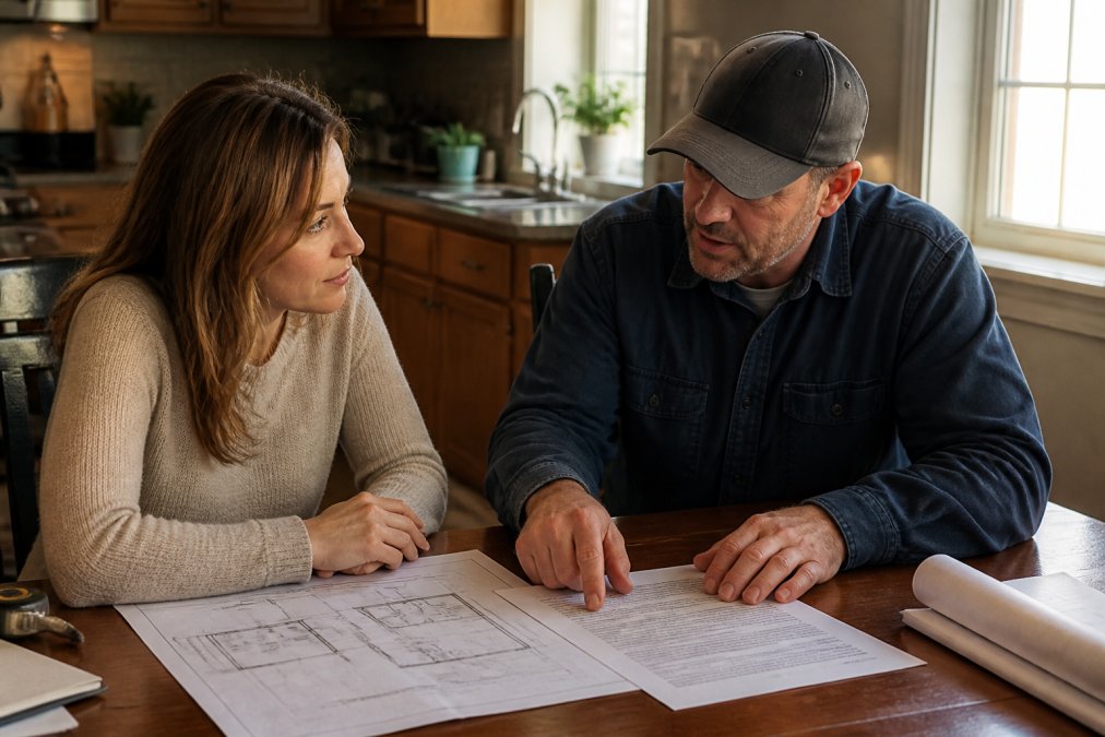A homeowner and contractor sitting across from each other at a kitchen table, reviewing printed blueprints and a typed contract together, warm natural light coming through the window