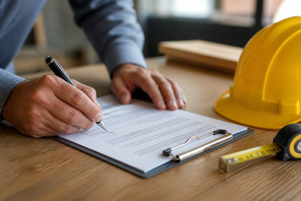 Close-up of a person's hands signing a construction contract on a clipboard, with a yellow hard hat and measuring tape resting on the table nearby, under bright overhead lighting