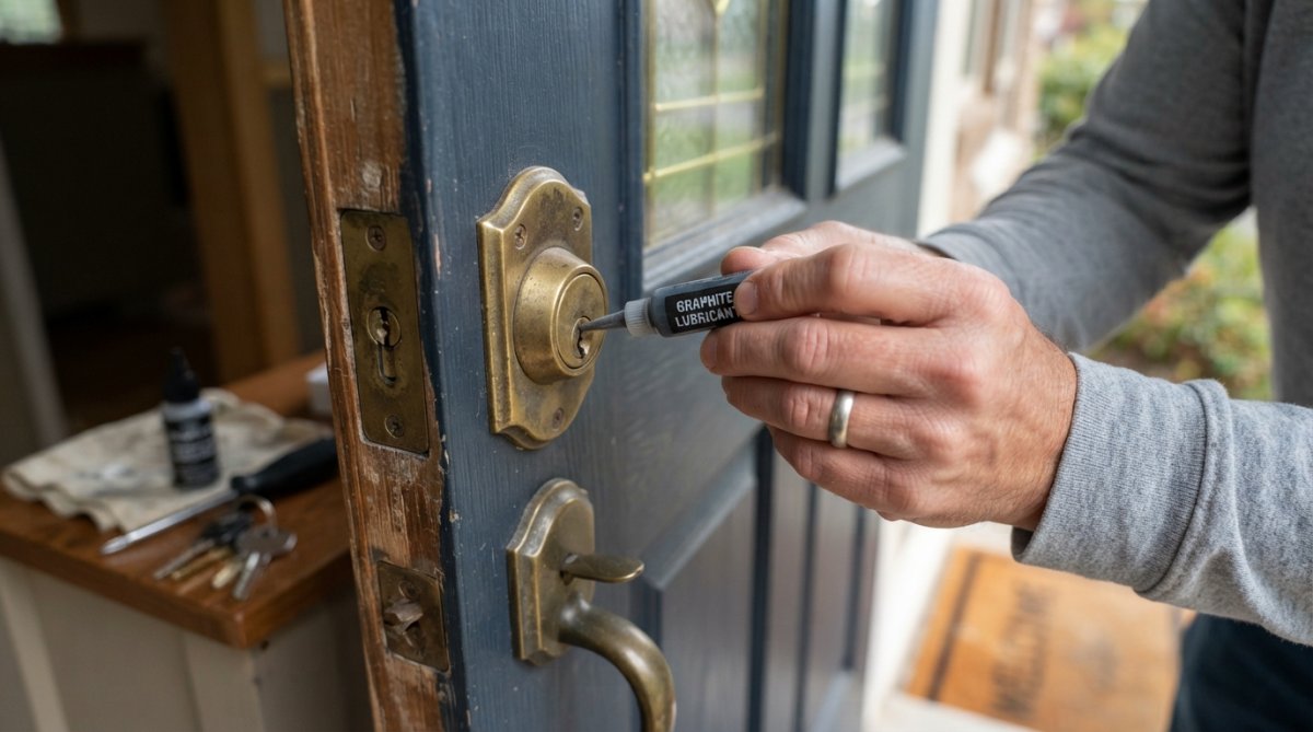A close-up of a homeowner's hands using a small applicator to apply graphite powder into a brass door lock cylinder on a residential front door