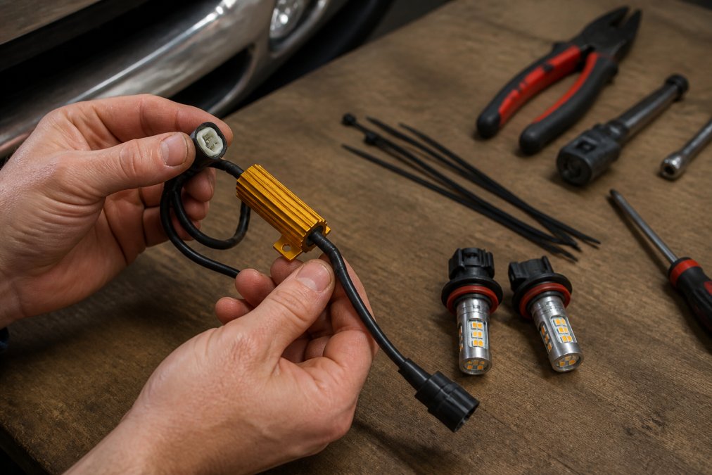 Close-up of hands holding an in-line LED load resistor harness and wiring connectors next to LED turn signal bulbs on a workbench with organized tools