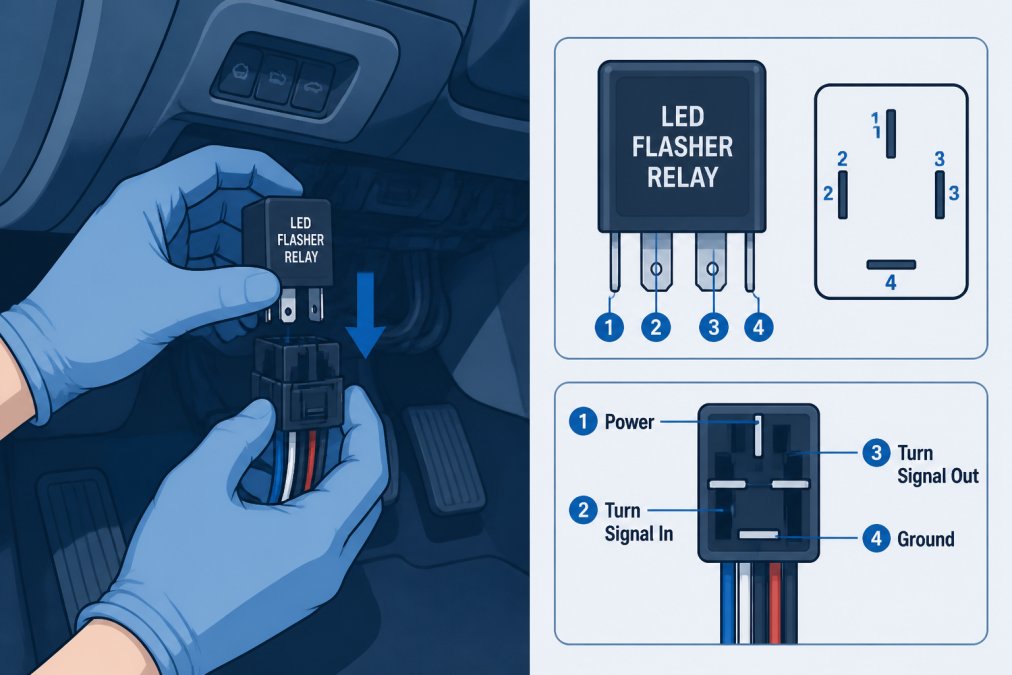 Mechanic's hands installing an LED flasher relay into the relay socket under a vehicle dashboard, showing the relay connections and wiring harness