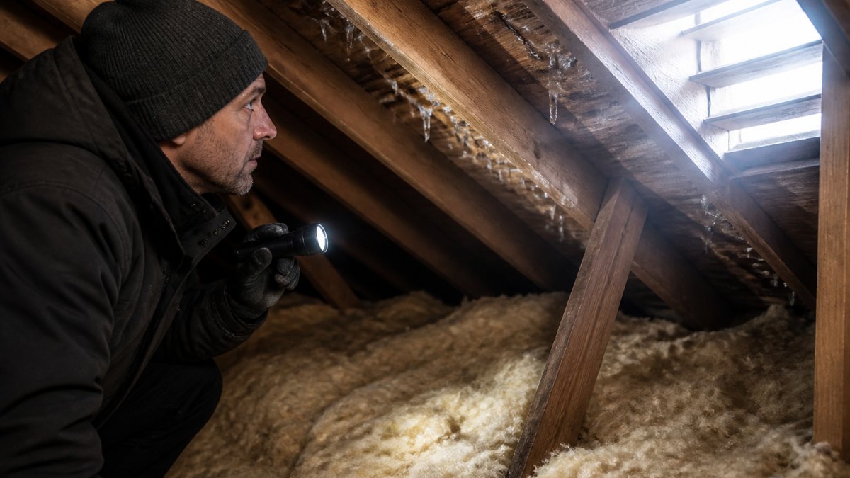 A homeowner in a winter coat and knit hat holding a flashlight in a dim attic, inspecting fiberglass insulation and roof decking with frost visible on nail tips, cold daylight streaming through a roof vent