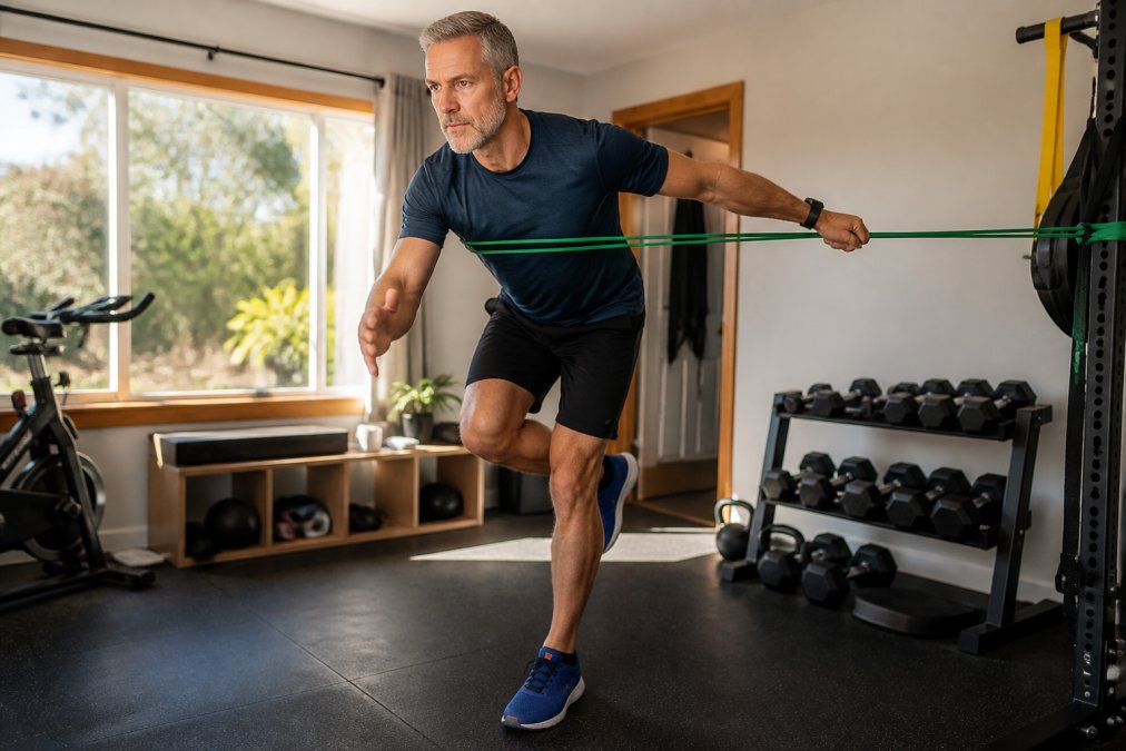 A triathlete in their fifties performing a single-leg balance exercise with a resistance band in a home gym, wearing athletic gear, natural morning light through a window