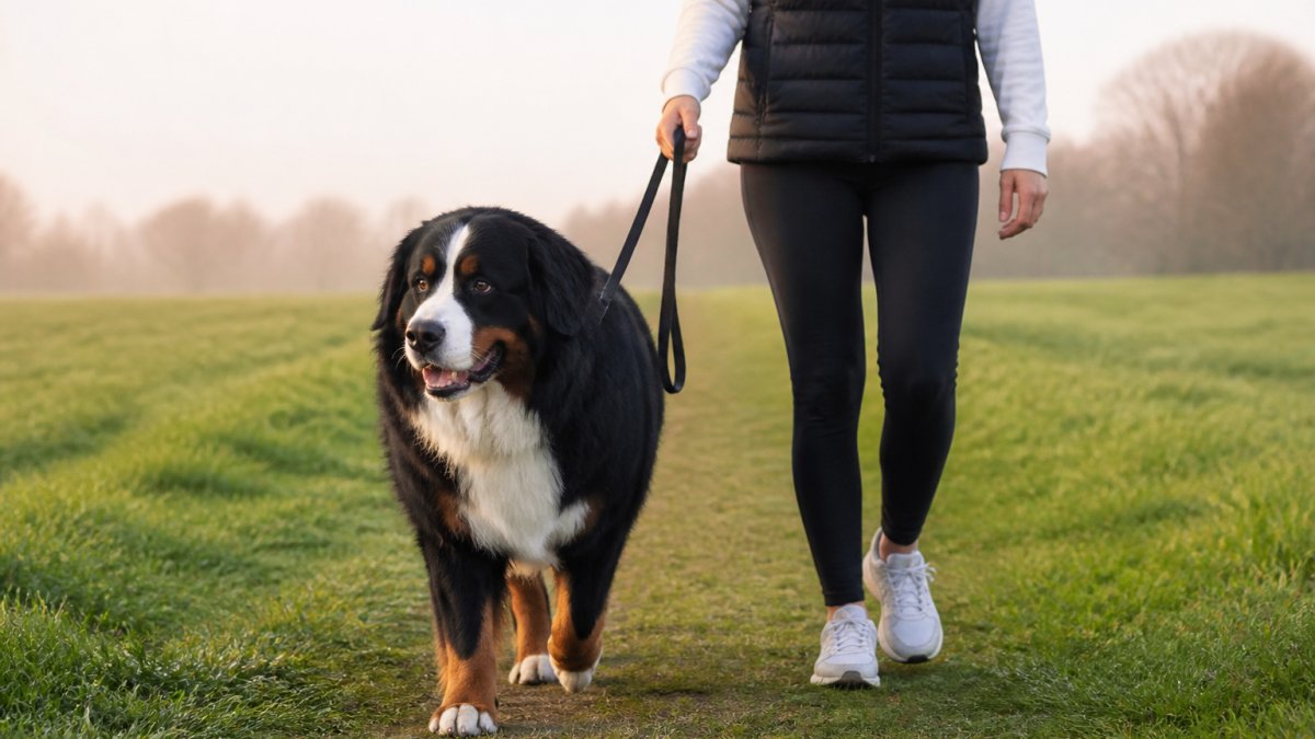 A large-breed dog walking calmly on a flat grassy path beside its owner in soft morning light, leash loose, showing relaxed controlled movement