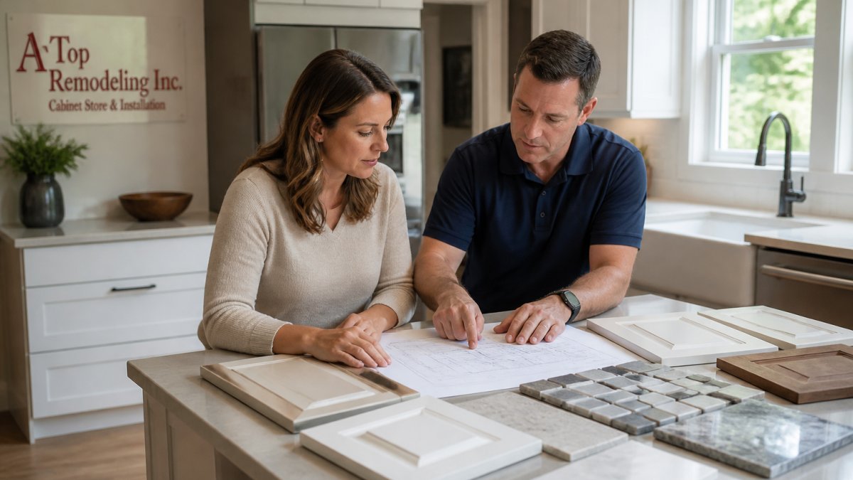 A homeowner and a remodeling contractor reviewing a kitchen floor plan and material samples on a kitchen table, cabinet door samples and tile swatches spread out nearby, soft daylight from a window