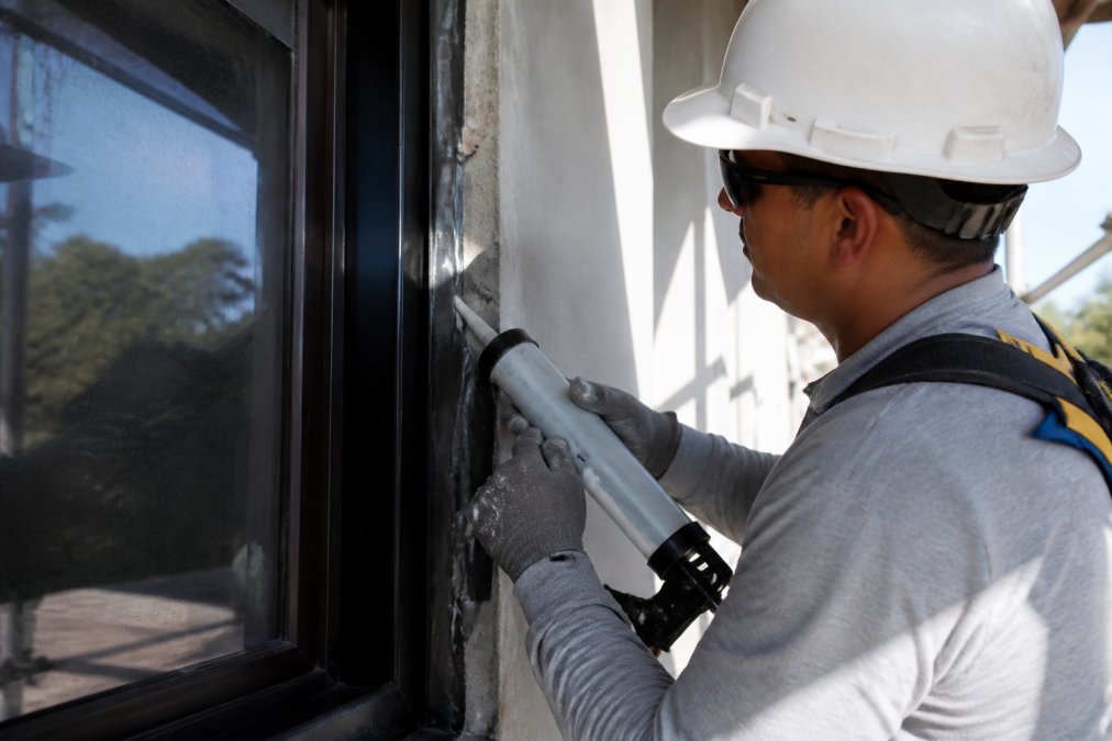 Professional contractor in safety gear carefully installing exterior-grade silicone sealant around an impact window frame using a caulking gun, with flashing details visible, natural daylight streaming across the installation site