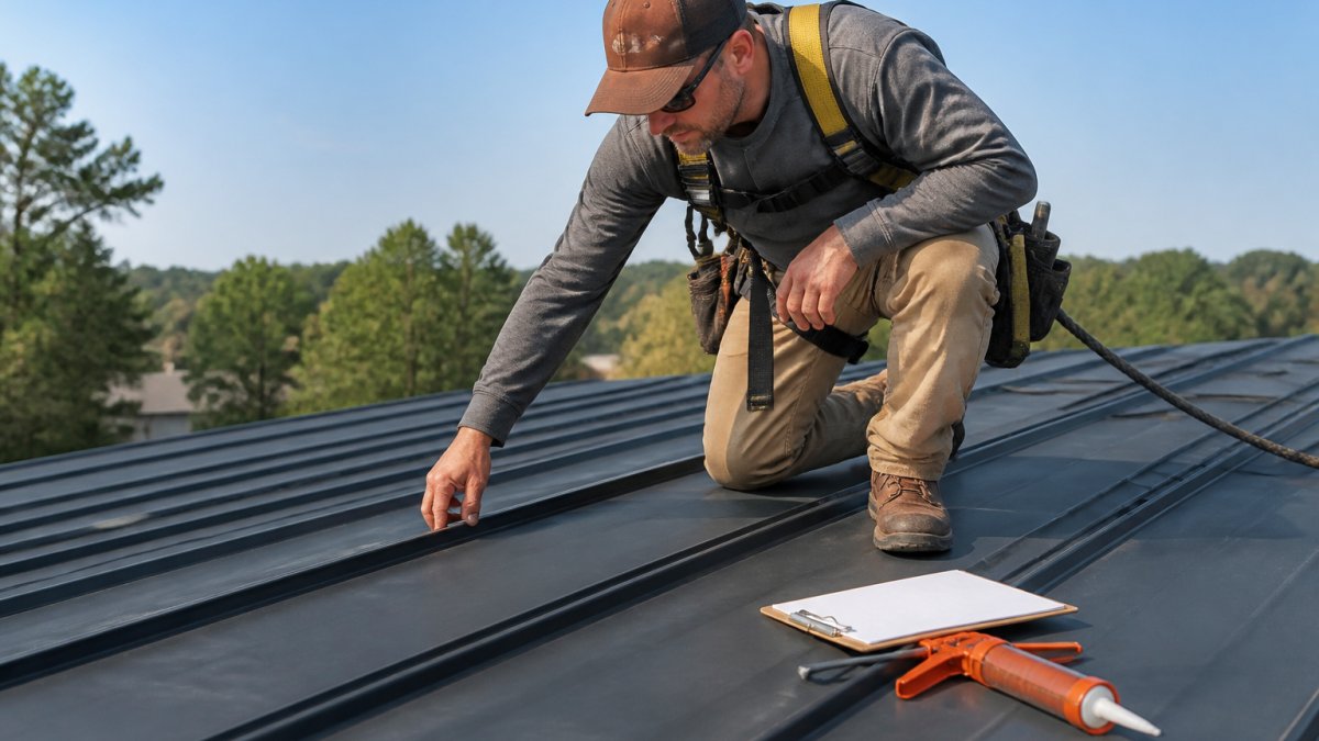 A roofing professional in a safety harness and work boots carefully inspecting the seams of a standing seam metal roof on a clear day, with a clipboard and caulk gun nearby