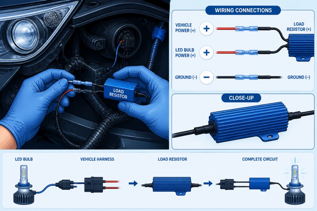 Technician's hands carefully installing a load resistor into a vehicle's wiring harness beneath the headlight assembly, showing proper connection points with color-coded wires and crimp connectors