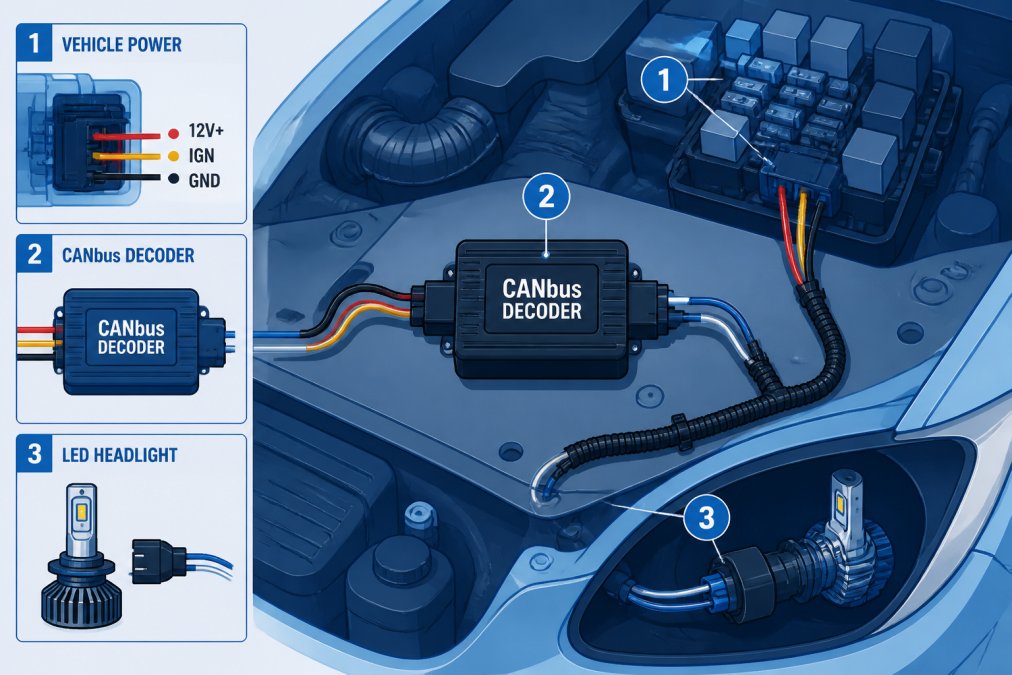 A CANbus decoder module mounted securely in the engine bay near the fuse box, showing color-coded wiring harnesses connected to the vehicle's electrical system and the LED headlight connector