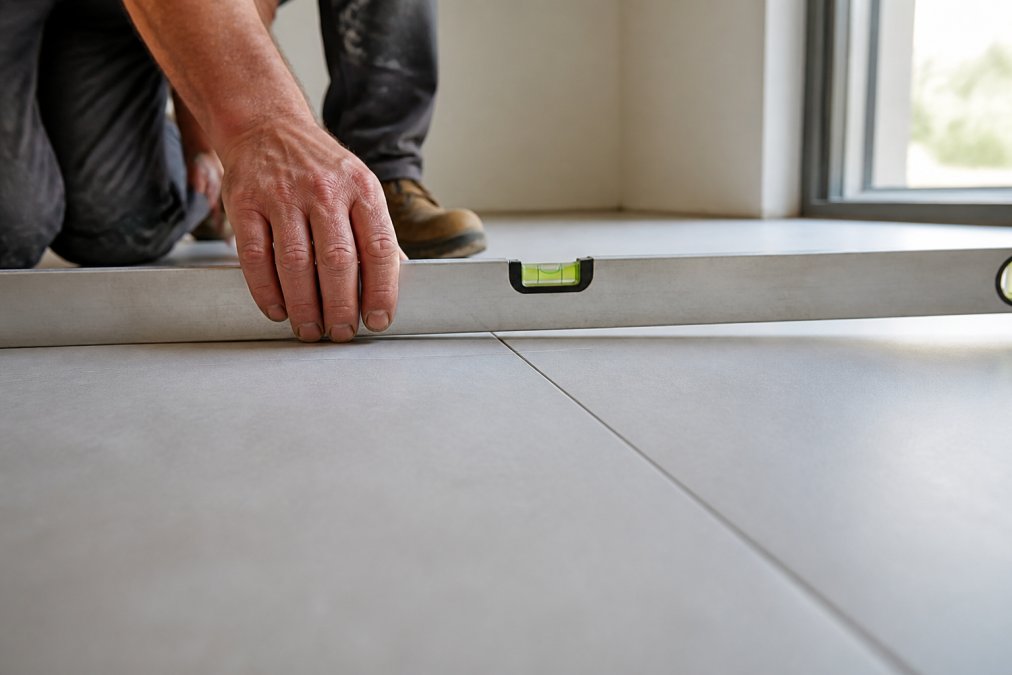 Tile installer using a straightedge to check for uneven joints when preventing lippage on a large-format floor.