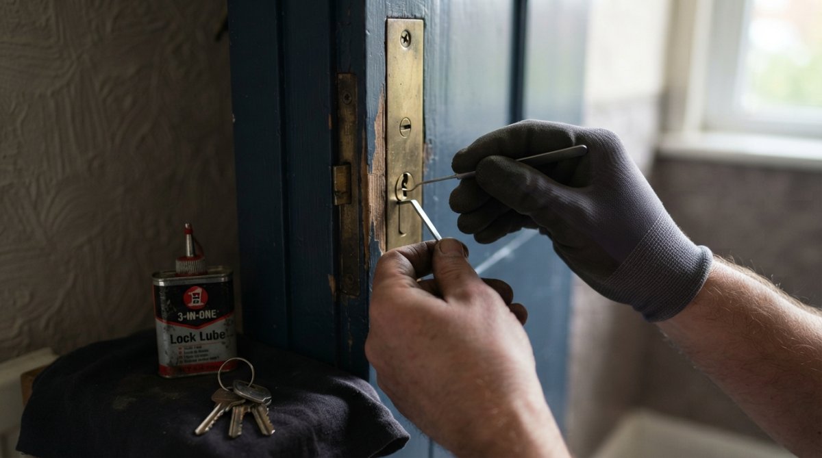 Locksmith using picks on a mortice deadlock to prevent lock damage during entry