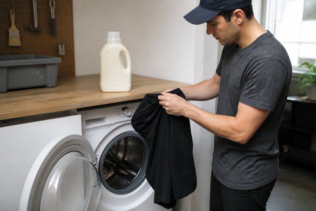 A person turning a dark graphic t-shirt inside out before placing it into a front-loading washing machine, with a bottle of mild liquid detergent on top of the machine