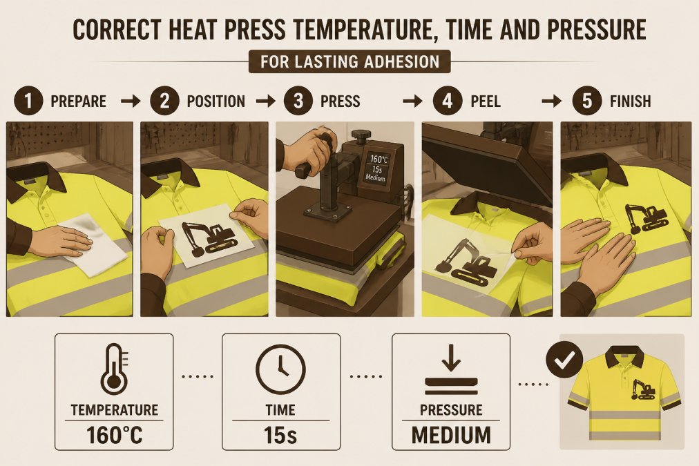 Close-up of hands operating a heat press on a high-visibility work shirt with a printed logo, showing the pressing process in a workshop setting