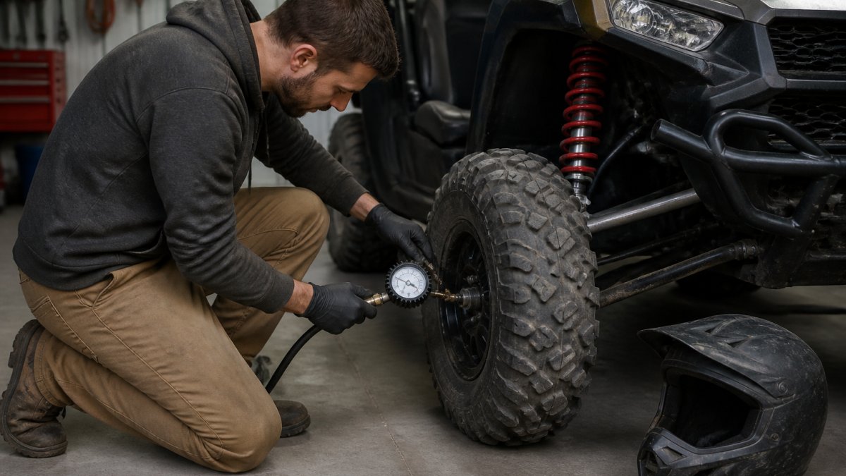 Rider in a garage using a pressure gauge to check side-by-side tires before a ride