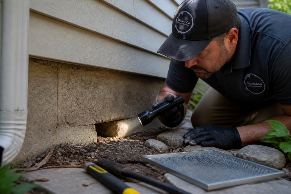 Homeowner's hands with flashlight inspecting foundation cracks and gaps around exterior wall near ground level, examining potential mouse entry points
