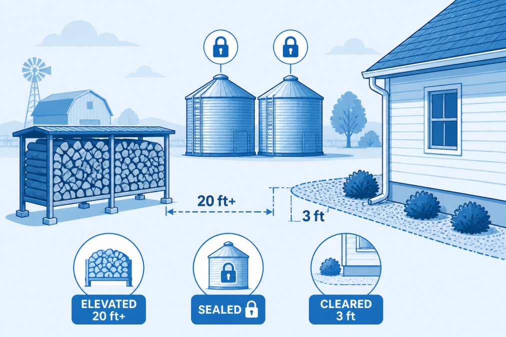 Wide shot of a rural farm property showing a properly organized woodpile elevated on metal racks away from the farmhouse, sealed metal grain bins with tight covers, and cleared vegetation around the foundation perimeter on a sunny day
