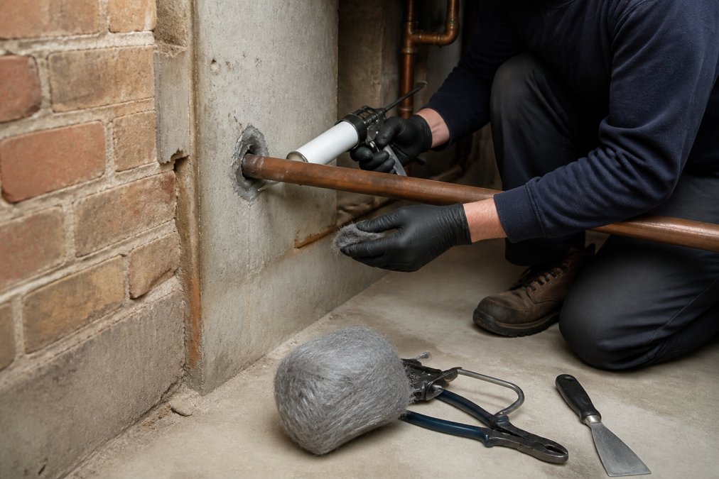 Professional pest control technician using steel wool and caulking gun to seal a gap around a copper pipe penetration in a basement wall, with exposed brick and concrete visible