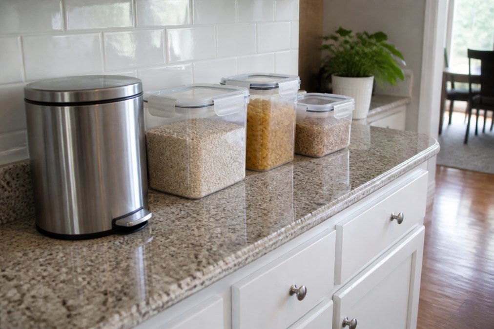Modern kitchen counter displaying airtight plastic food storage containers filled with grains and pasta, a sealed stainless steel waste bin with foot pedal, and a clean granite surface with no visible crumbs or debris