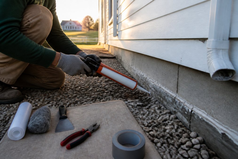 Homeowner's hands applying steel wool and caulk to foundation cracks around the exterior base of a rural farmhouse, with morning sunlight illuminating the work area