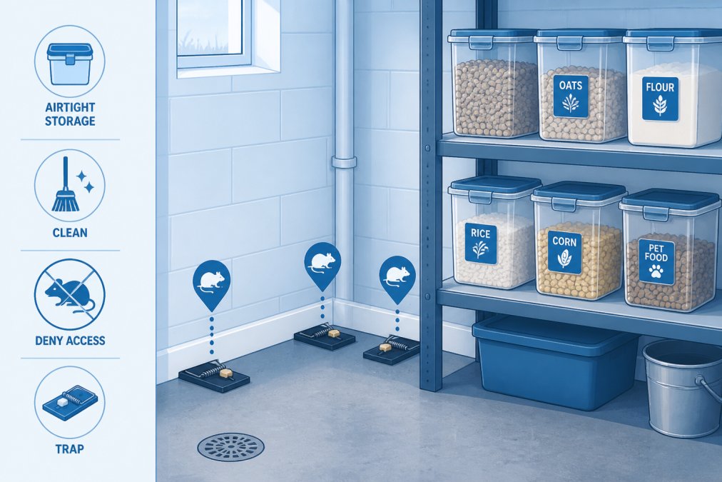 Rural home basement corner showing organized food storage in clear airtight containers on shelves, with spring traps positioned along the baseboard near walls, concrete floor visible