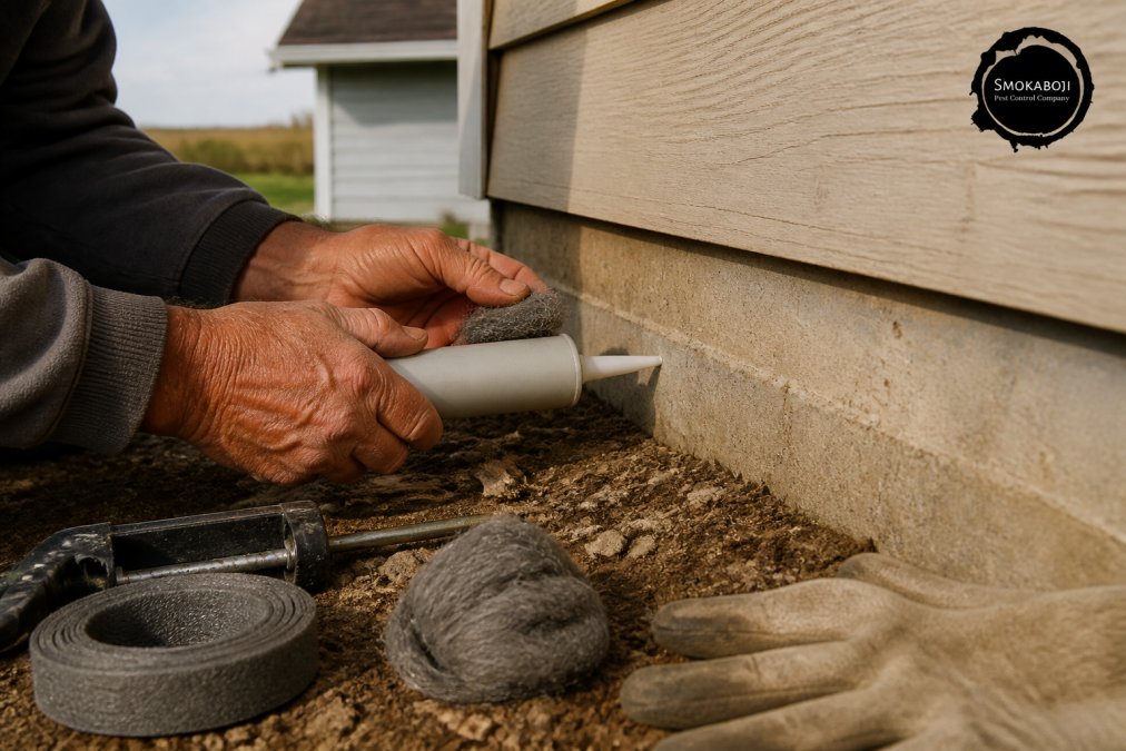 Close-up of weathered hands applying steel wool and caulk to a foundation gap on a rural home's exterior wall, with morning sunlight illuminating the sealing work and surrounding soil