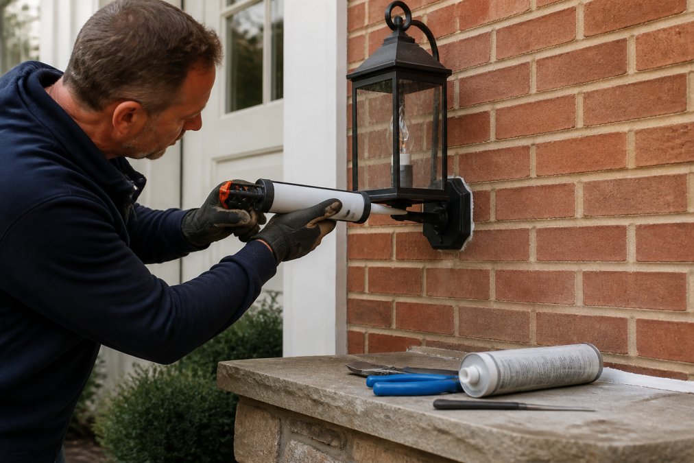 Homeowner applying silicone sealant to base of outdoor light fixtures on a brick wall using a caulk gun