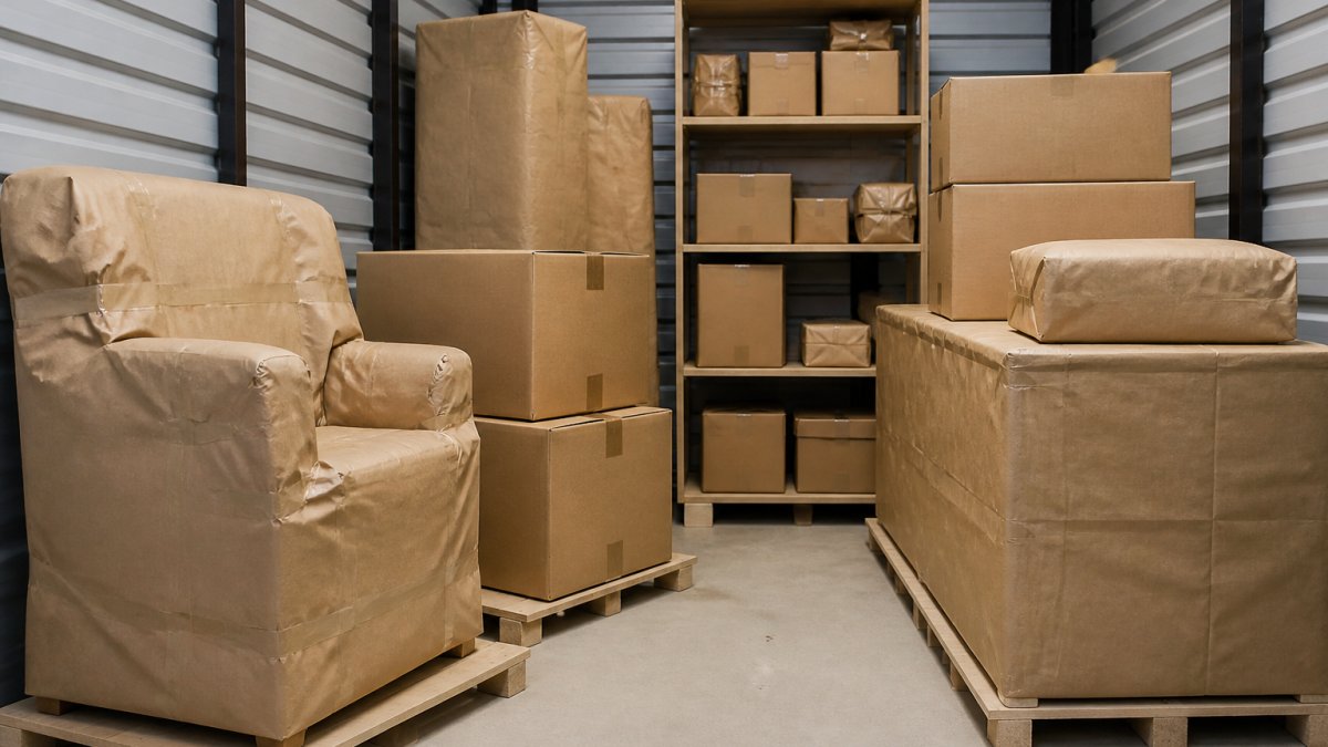 Close-up of storage boxes and furniture properly spaced with visible air gaps between items, showing kraft paper wrapping and cardboard boxes instead of plastic coverings in a climate-controlled storage unit