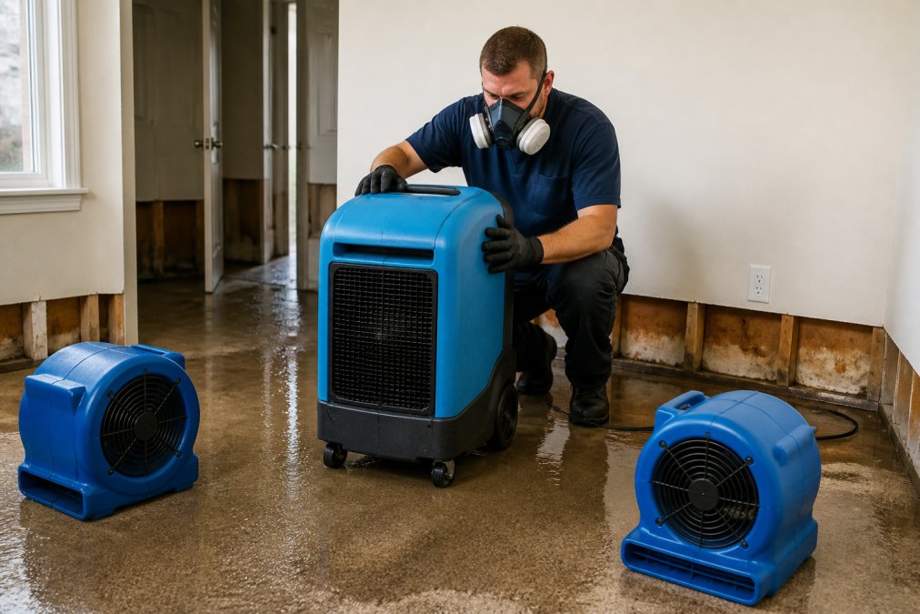 A professional restoration technician in safety gear setting up a dehumidifier and air movers in a water-damaged residential room, with wet carpet and baseboards visible