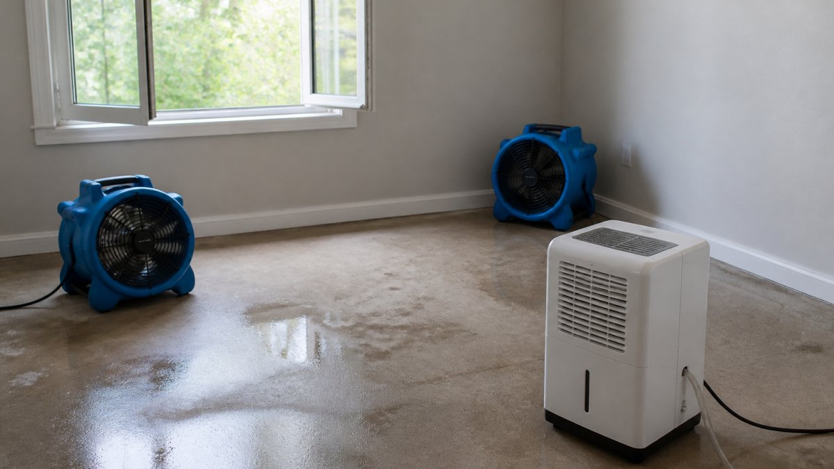 Residential room with open windows, portable fans positioned strategically to direct airflow, and a dehumidifier unit running on the floor, showing proper ventilation setup after water damage