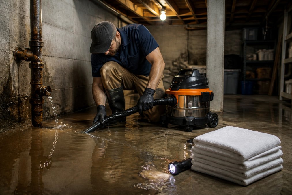 A homeowner in work clothes using a wet-dry vacuum to extract standing water from a flooded basement floor near a burst pipe, flashlight and folded towels nearby, overhead utility lighting