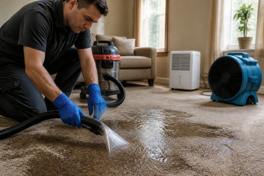 Homeowner using a wet-dry vacuum on carpet to prevent mold growth with a dehumidifier and fan running.