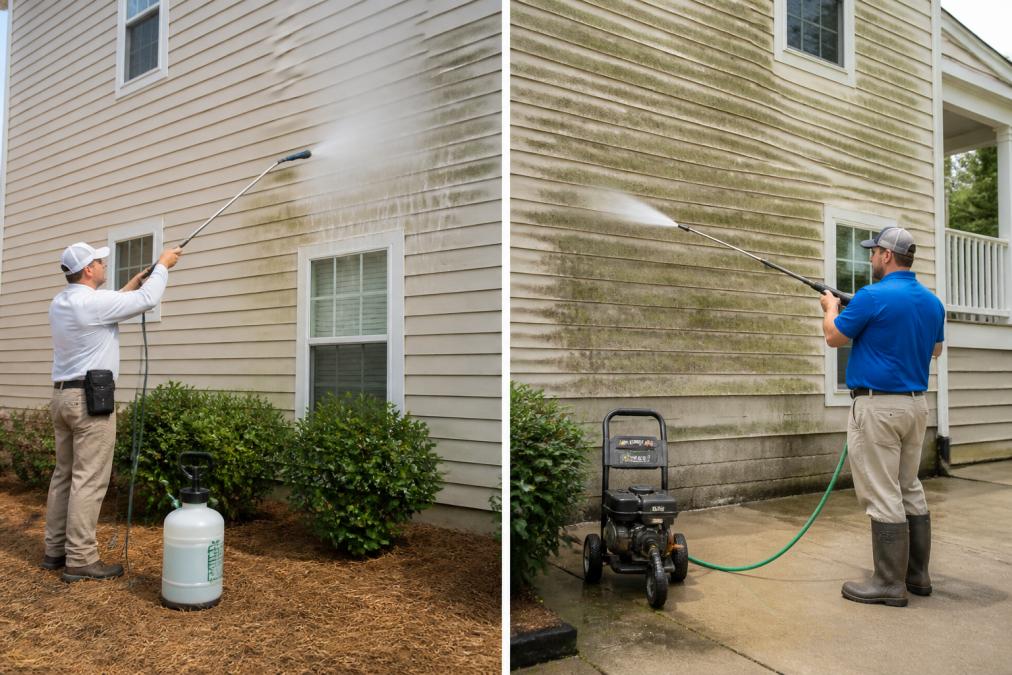 A professional technician in safety gear using a low-pressure soft wash wand to gently clean the siding of a two-story home, with a garden hose and eco-friendly cleaning solution nearby