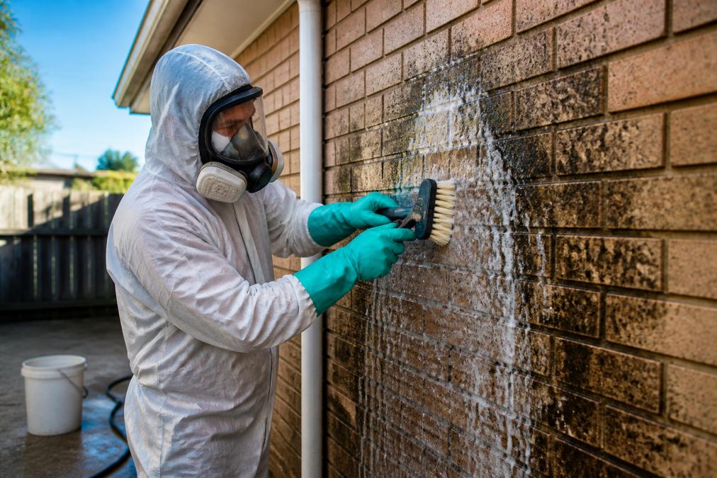 A person wearing a full-face respirator, heavy-duty rubber gloves, and protective overalls scrubbing a mould-stained exterior brick wall with a stiff-bristled brush and foaming cleaning solution, in the morning light of a residential backyard