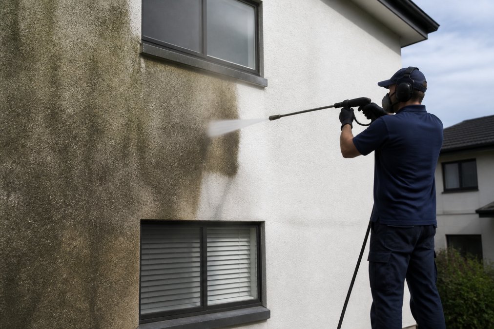 A professional technician in branded uniform and safety gear operating a high-pressure cleaning lance on a heavily mould-stained rendered exterior wall of a two-storey home, with a clear contrast visible between the cleaned white section and the dark mould-covered area beside it, photographed in mid-morning natural light