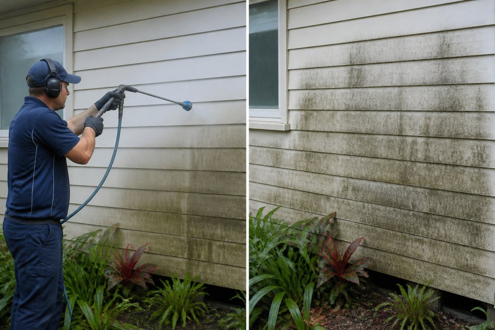 Technician soft washing a weatherboard wall while preventing mould and protecting nearby garden plants